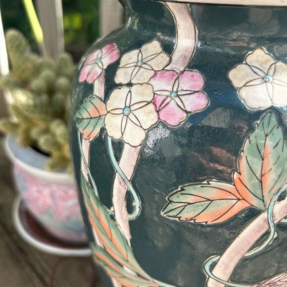 Vintage Chinoiserie Asian Lamp Blue Green Pink Bird Floral 25” Tall - Picture 9 of 16